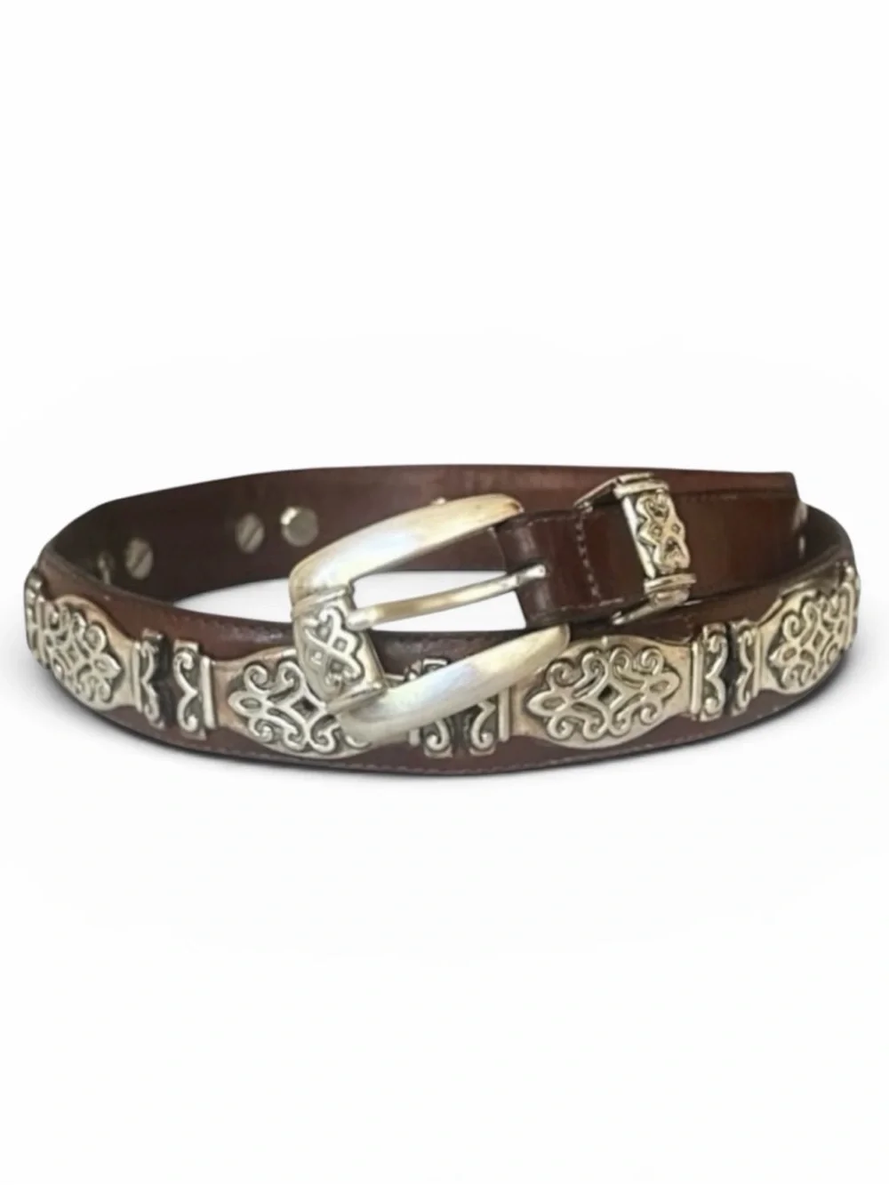 Brighton Vintage Dark Brown Leather Belt with Silver Ornate Accents